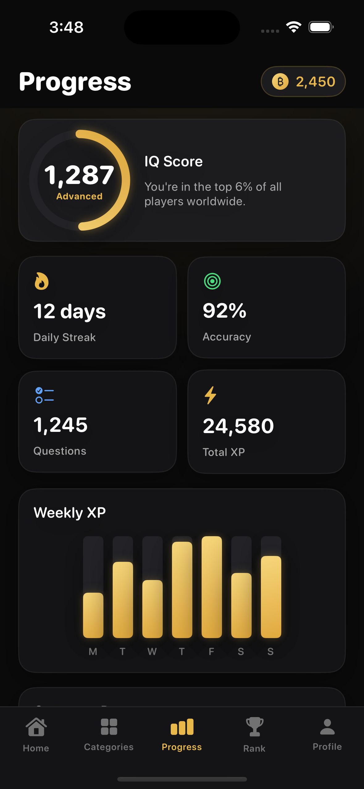 IQ Daily progress dashboard showing IQ score and streak